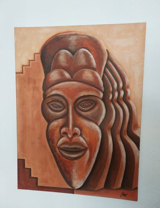 Tela pintura máscara africana oleo sobre tela 73x54cms