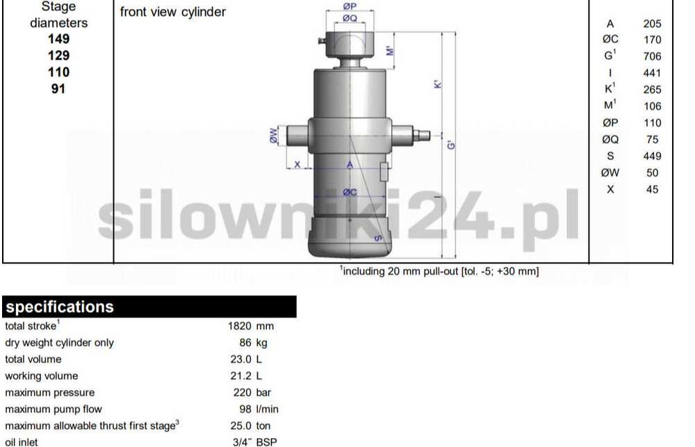 Siłownik przyczepy 20-25t skok-1820mm 4sekcyjny bardzo mocny