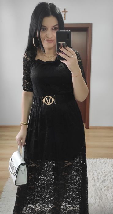 Sukienka długa maxi czarna koronka z paskiem