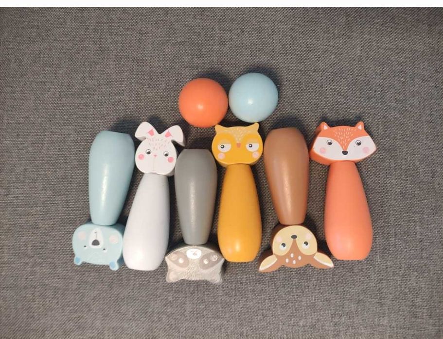 Zabawki drewniane zestaw pociąg kręgle warzywa liczydło