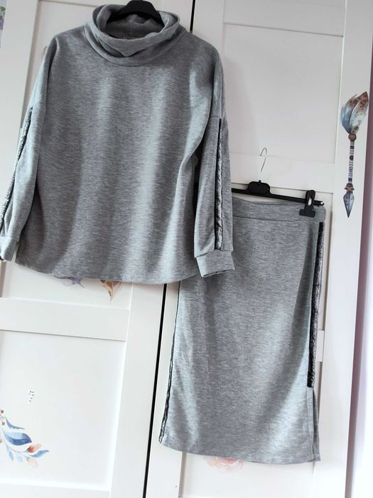 Komplet spódnica midi sweter bluza dzianina golf uni