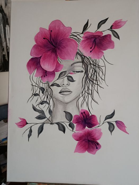 Obraz abstrakcyjny "Myśli w kwiatach", kobieta, kwiaty