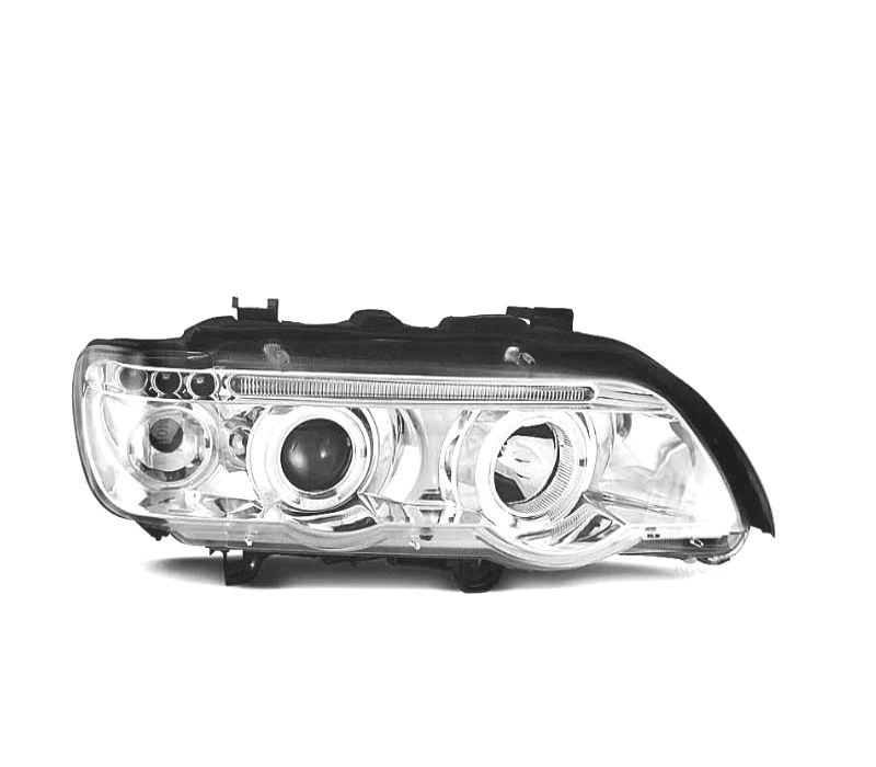 FARÓIS RENTE ANGEL EYES BMW X5 E53 FUNDO CROMADO