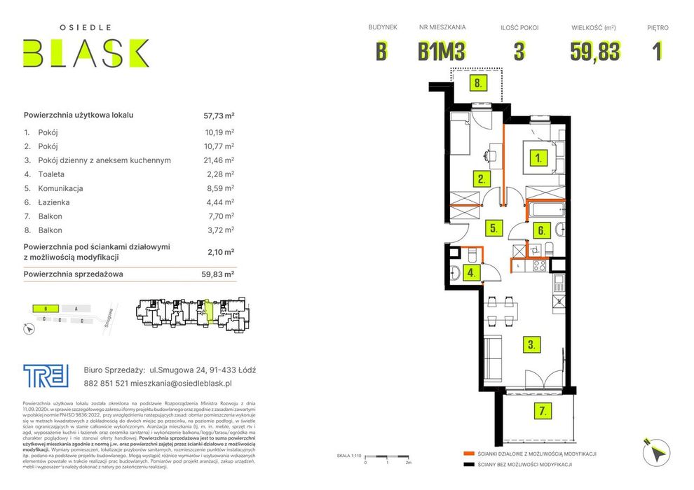 3-pokojowe mieszkanie 57m2 + 2 balkony