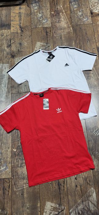 2 koszulki męskie t-shirt młodzieżowe biała czerwona trzy pasy S M