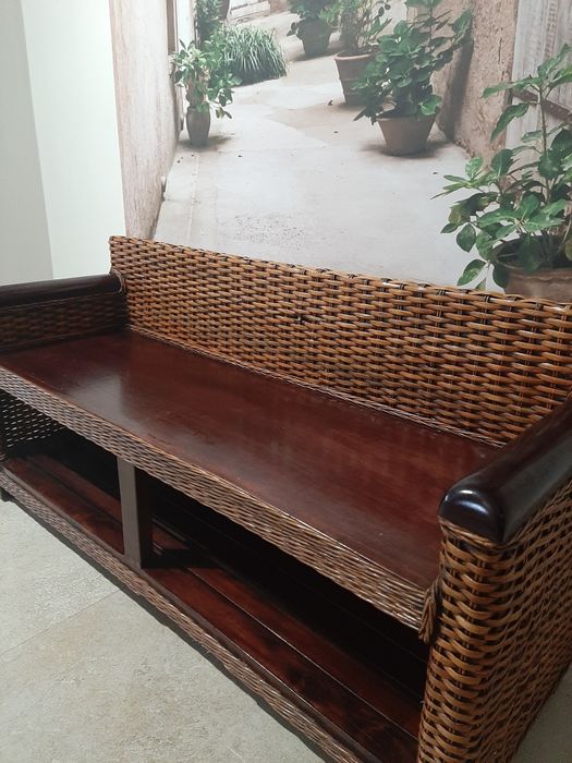 Ławka naturalny rattan + drewno