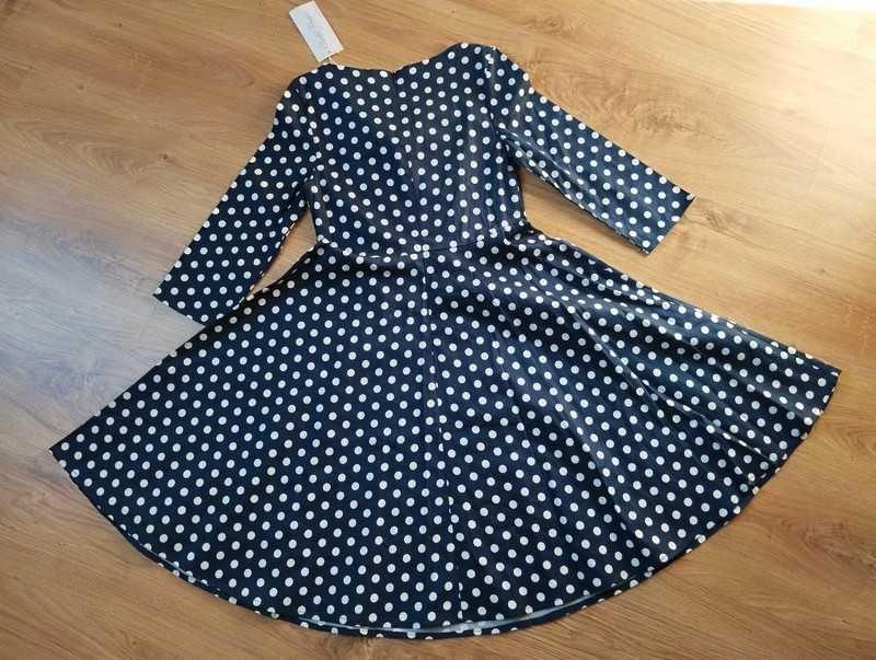 Granatowa Retro sukienka w grochy S z rękawem 3/4 vintage pin up