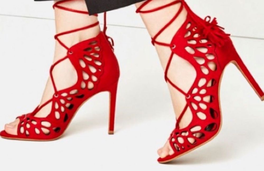 ZARA skóra ażurowe szpili, botki  wiązane CZERWONE skórzane