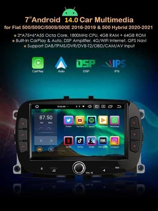 Auto-Rádio 2din Android 14 FIAT 500 Series 07/19