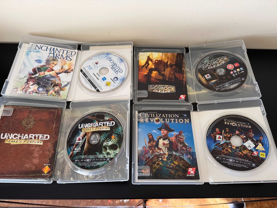 Lote de 4 jogos para Playstation 3, Enchanted Arms, Bioshock, Uncharted Drake´s Fortune e Civilization Revolution