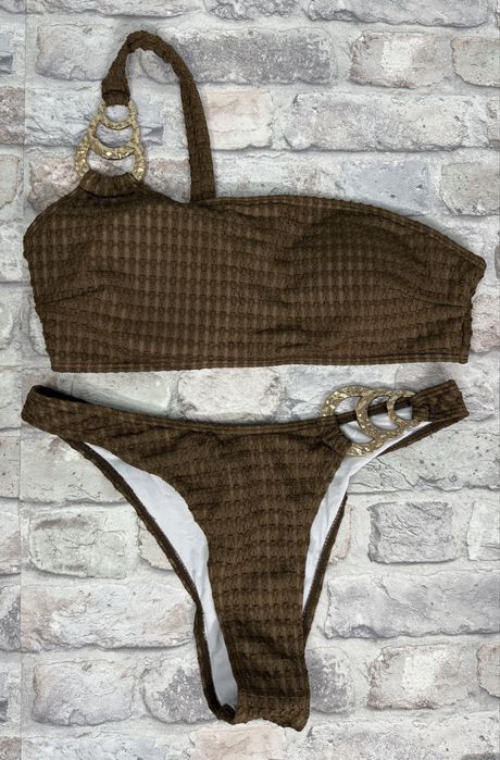 Brązowy strój kąpielowy dwuczęściowy , złote zdobienie L
