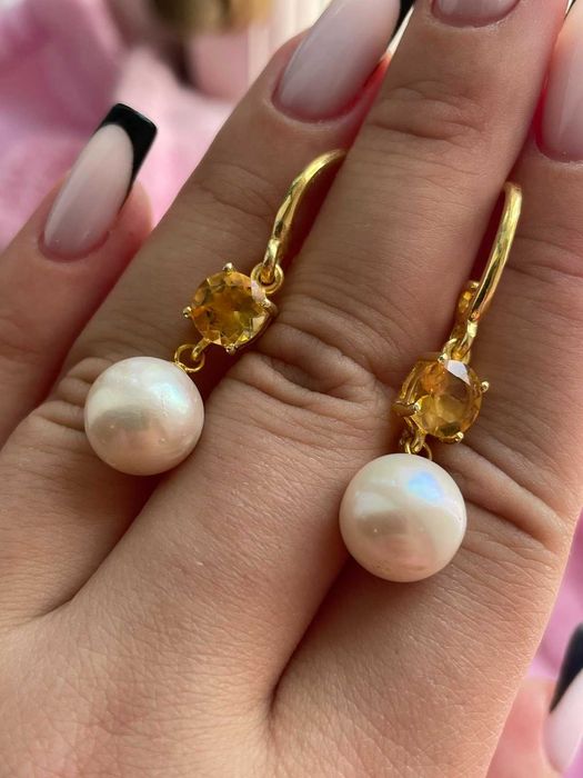 Серьги из белого жемчуга 10мм и цитрина, серебро 925 пробы