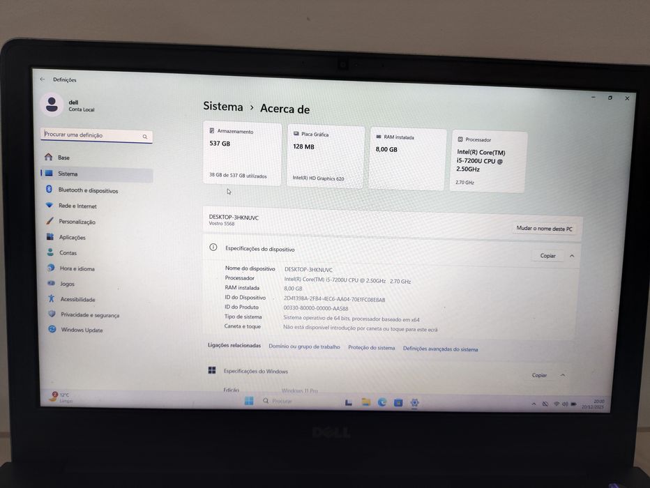 Portátil Dell Vostro 5568 (i5 | 8Gb DDR4 | SSD 256GB + HDD 320GB)