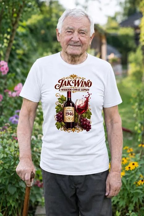 Koszulka męska biała na 80 urodziny jak wino rocznik 1946 prezent L