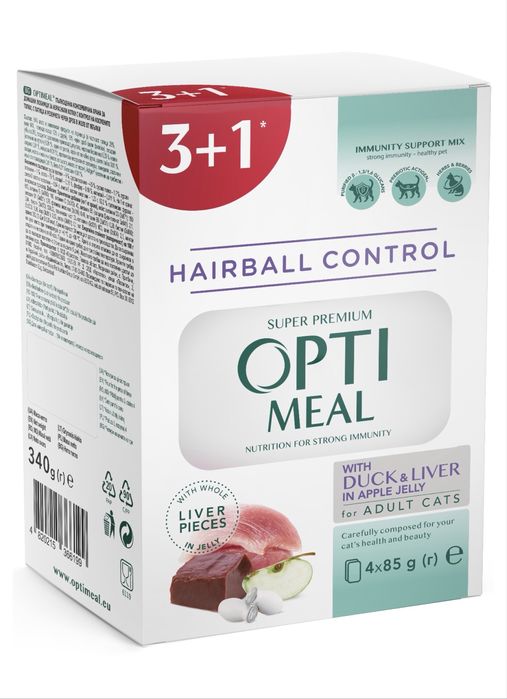 Влажный корм доя котов Optimeal набор 3+1 с уткой и печенью