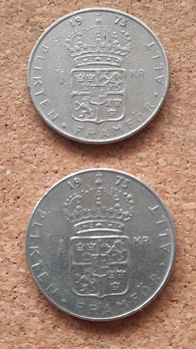 moneta 1 Korona szwedzka 1973 r - cena za 2 sztuki