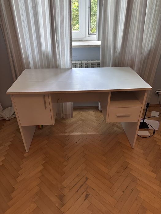 Biurko białe 120×60 cm, szafka + szuflada, stan dobry