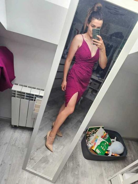 Sukienka elegancka andrzejki karnawał wesele fuksja fiolet fioletowa L