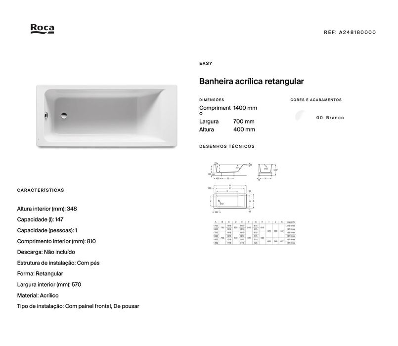 Banheira acrílica rectangular Roca
