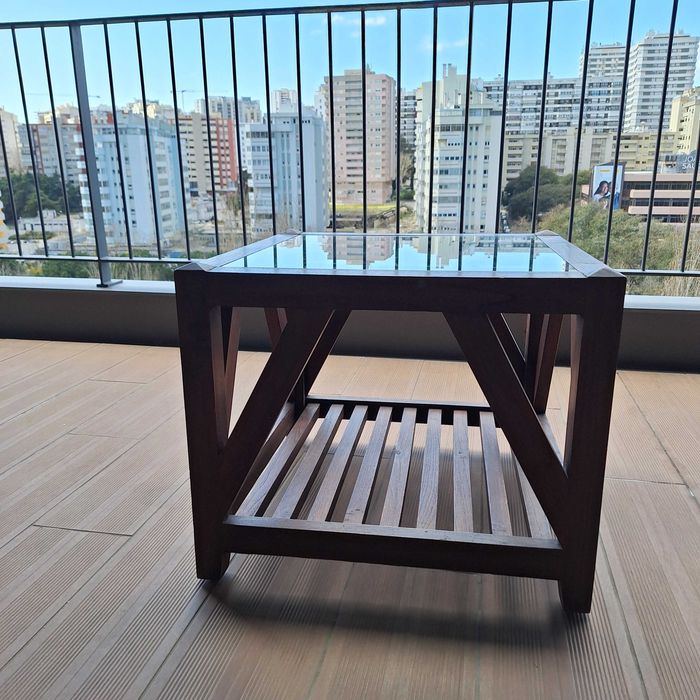 Mesa de Centro em Madeira com Vidro | Mesa de Apoio para Sala