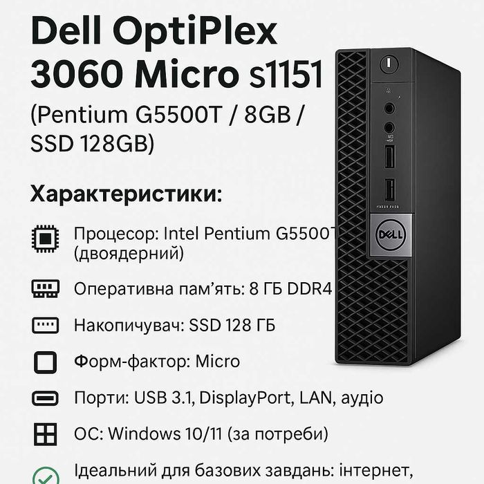 Micro міні Комп’ютер Dell Optiplex 3060 mini ПК i3 i5 i7 s1151 DDR4SSD