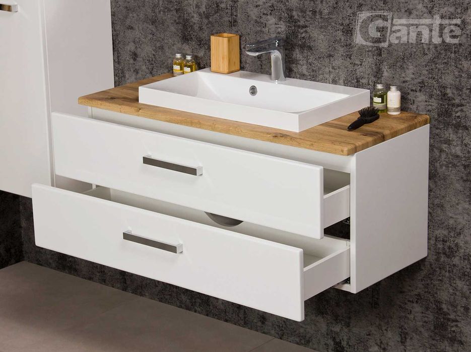 Szafka do łazienki z blatem dekor dąb z umywalką nablatową zmontowane