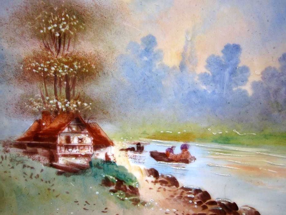 2 fantásticos antigos pratos franceses de pintados à mão-paisagens