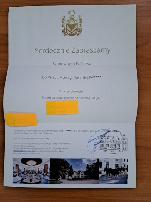 Voucher do pałacu Mortęngi,hotel na Mazurach