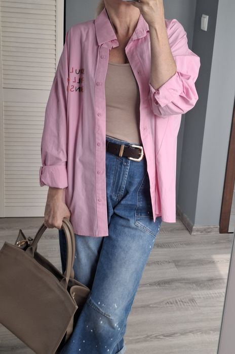 Włoska koszula róż barbie wiya koraliki oversize