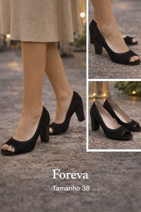 Sapatos de salto médio tipo peep toe e com diferentes materiais como camurça