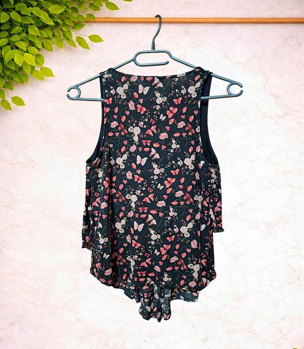 Zestaw 2x Top Amisu XS Cold Shoulder Kwiaty Motyle Boho Falbany