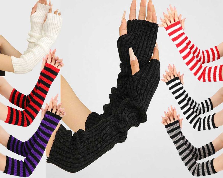 Чорні мітенки довгі в рубчик молочні рукава смугасті теплі в'язка 6901
