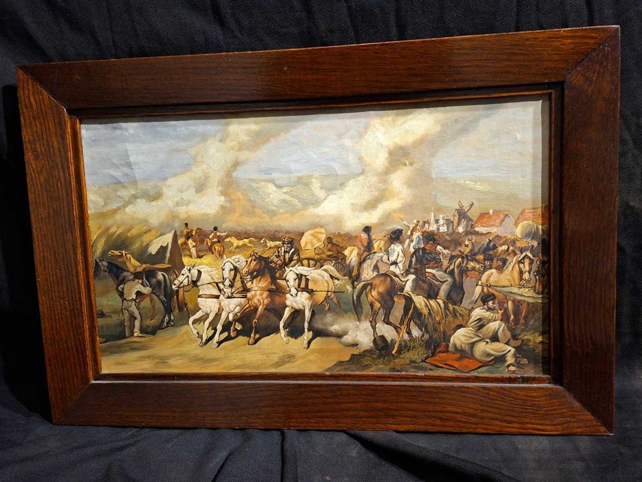 Obraz olejny na płótnie – jarmark koński, konie – drewniana rama 65×43 cm