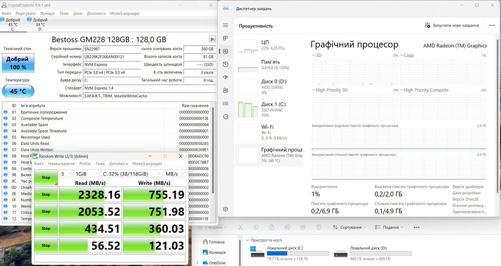 LENOVO Ryzen 5 5625u (6 ядер, 12  потоків)/ Vega7 до 7 Гб/12 Гб DDR4-3200/(SSD+HDD)628 Гб/15,6" Full HD/ WiFi 6/ USB Type C (всі функції)