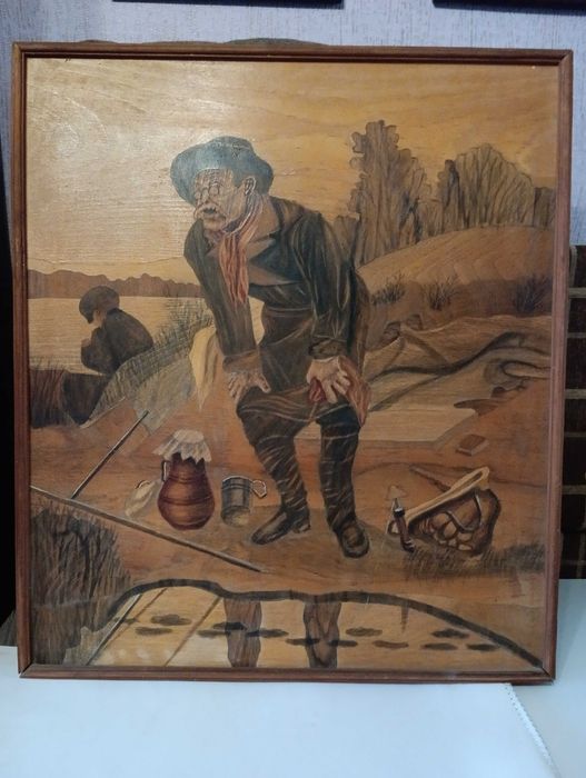 Картина-маркетри  «Рыболов» Перова В. , 1970-80гг