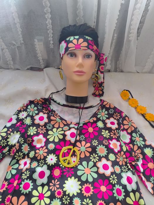 Strój przebranie hippie hipis hipiska lata 60/70 pięć części roz XL