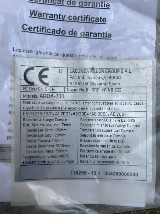 Lareira a lenha Lacunza AROA-700 – Inserto em ótimo estado