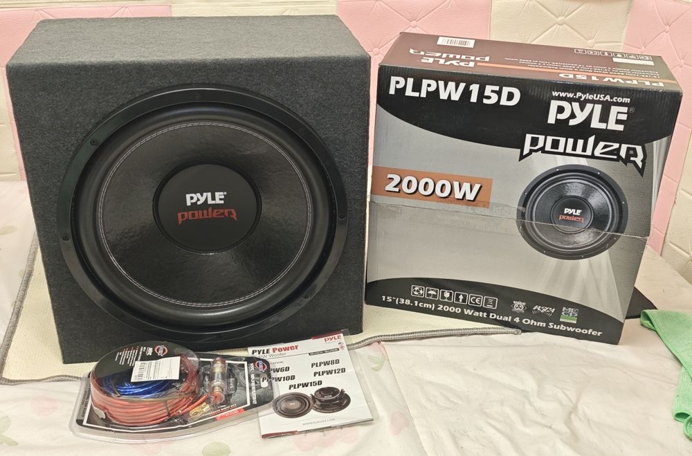 Subwoofer 15 polegadas com amplificador + cablagem, NOVO