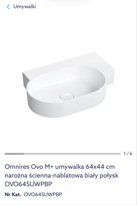 Nowa umywalka Omnires OVO M+ 64x44 cm prawa biała połysk