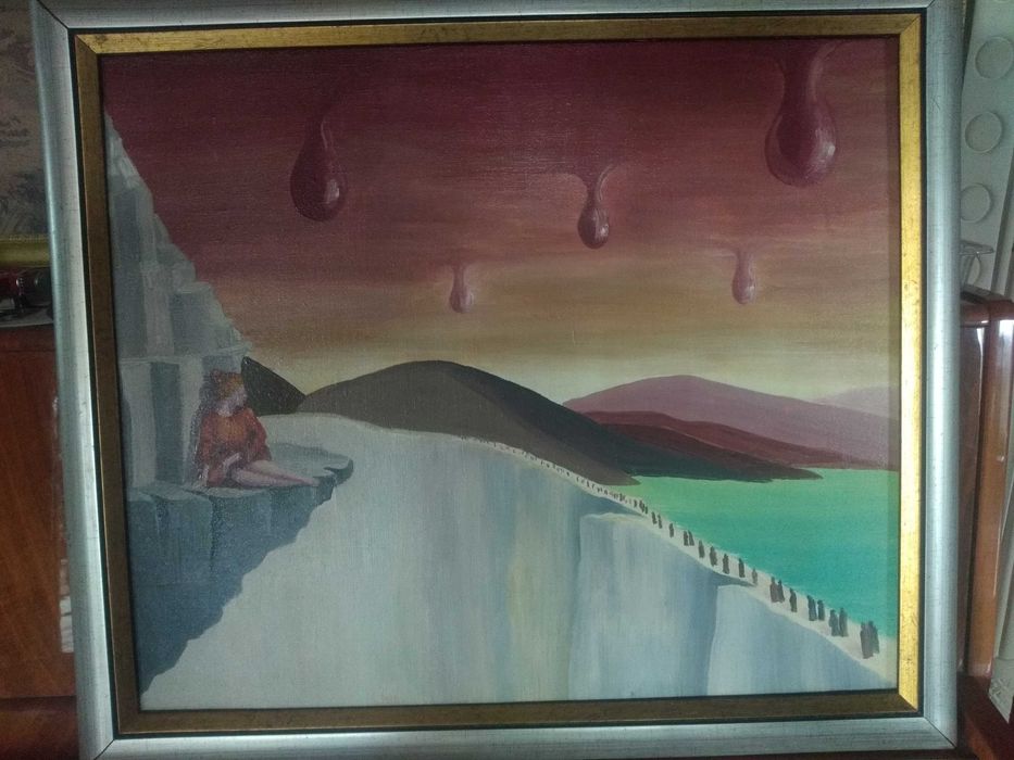 Obraz olej/akryl nie sygnowany "Kobieta na skale pod płaczącym niebem"