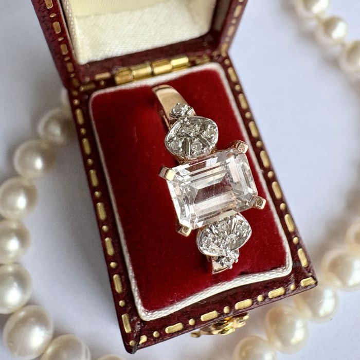 Retro Złoty pierścionek 9k diamenty 0,15 ct brylanty topaz duży R17