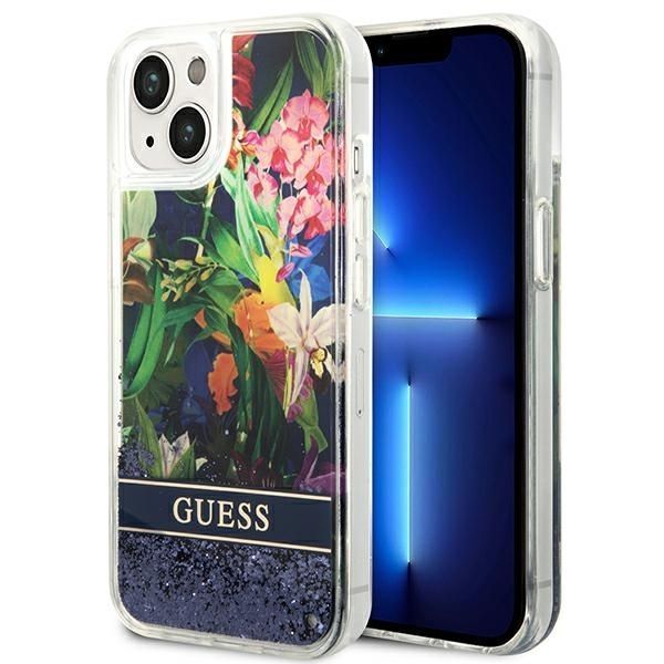 GUESS futerał do IPHONE 13 / 14 / 15 GUHCP14SLFLSB (Flower Liquid Glitter) niebieski