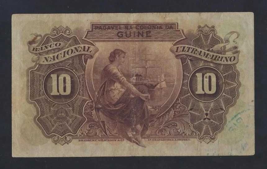 nota Guine 10 ESCUDOS 1937 P-21 RARE VF ULTRA RARE