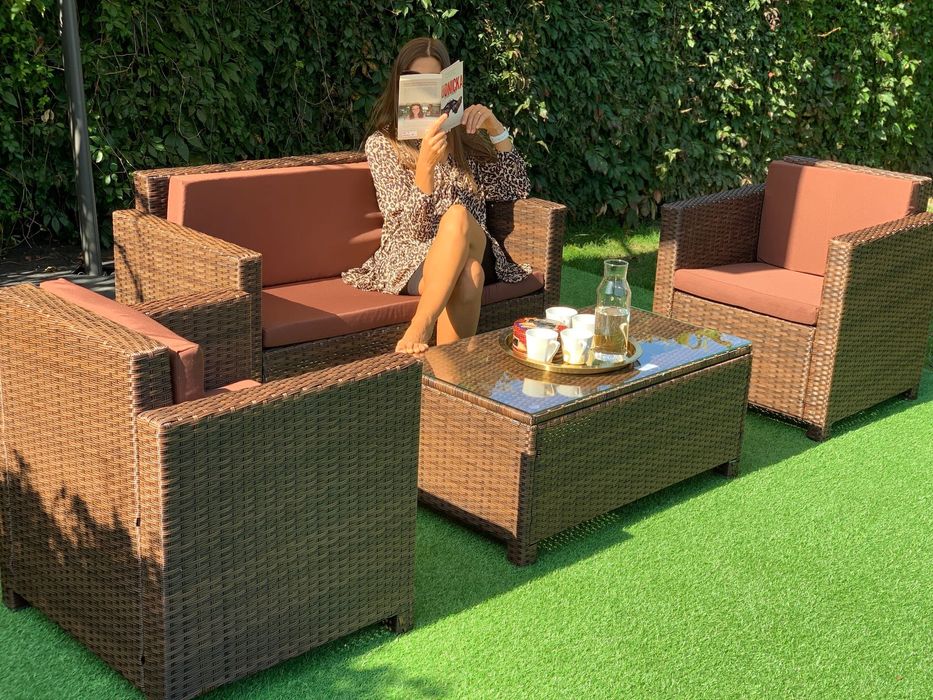 (ZG) Nicea zestaw technorattan sz/br sofa 2xfotel ława