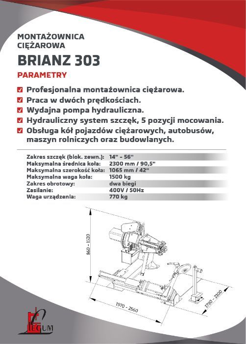 Montażownica ciężarowa do kół BRIANZ 303 W / PROMOCJA, DUŻA, ROLNICZA