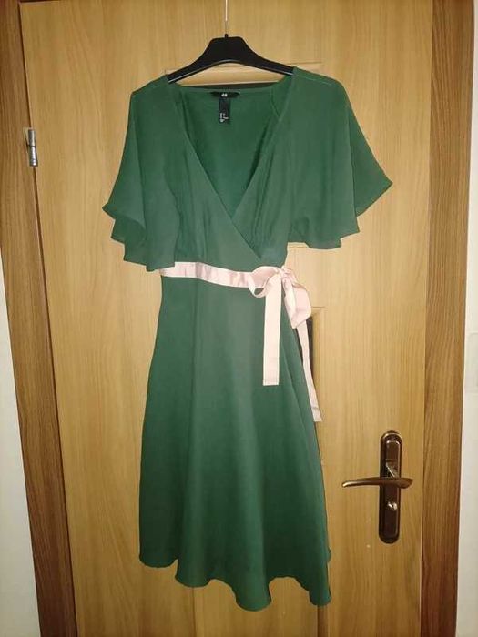 Zwiewna lekka sukienka lato szyfon zieleń H&M