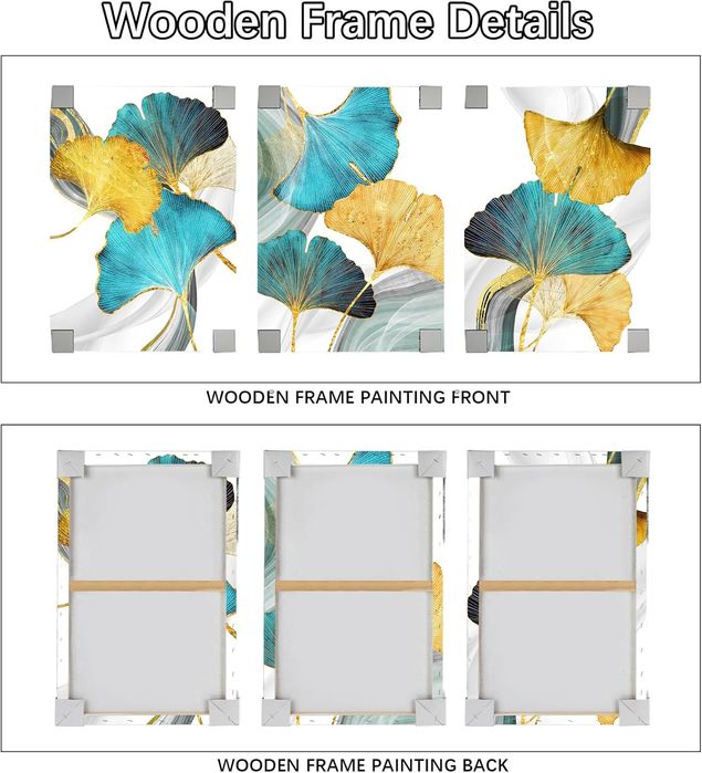 Obraz Ścienny Złote Liście Drewniana Rama 50x70 cm Zestaw 3 Sztuki