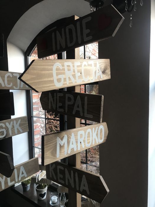 Drogowskazy weselne ślub wesele dekoracja motyw podróży