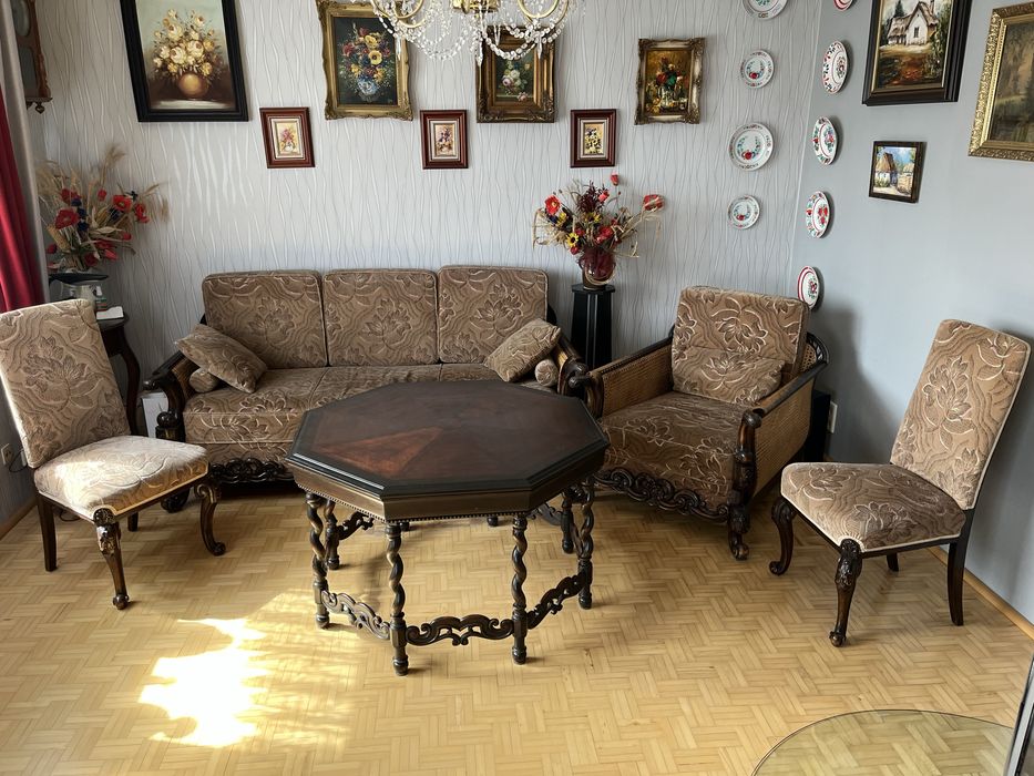 Stylowy komplet wypoczynkowy retro / antyk / vintage – Kanapa, Stół , Fotel, 2 Krzesła
