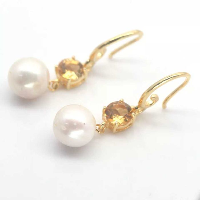 Серьги из белого жемчуга 10мм и цитрина, серебро 925 пробы